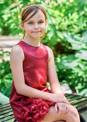 Red Satin Girl's Dress with Roses