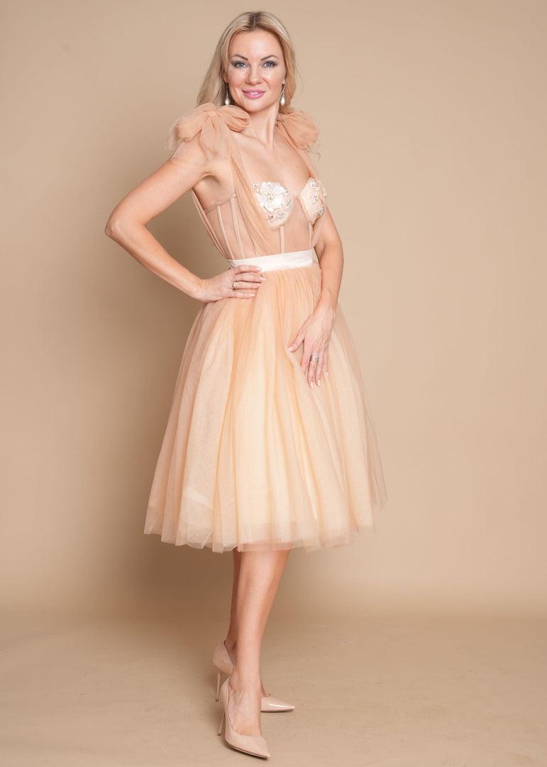 beige birthday dress Elegant Beige Girl Dress Princess for Birthday Wedding Party J101 Beige / child-2